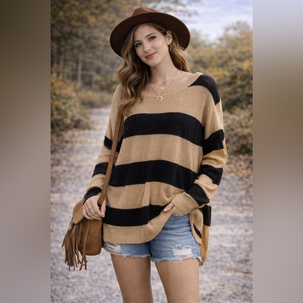 Easel Tan & Black Striped Knit Sweater S/M Long Oversized